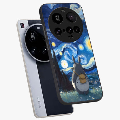 Totoro In Van Gogh Art Glass Case displayed in angled mockup highlighting artistic swirling sky design with playful animation aesthetic.