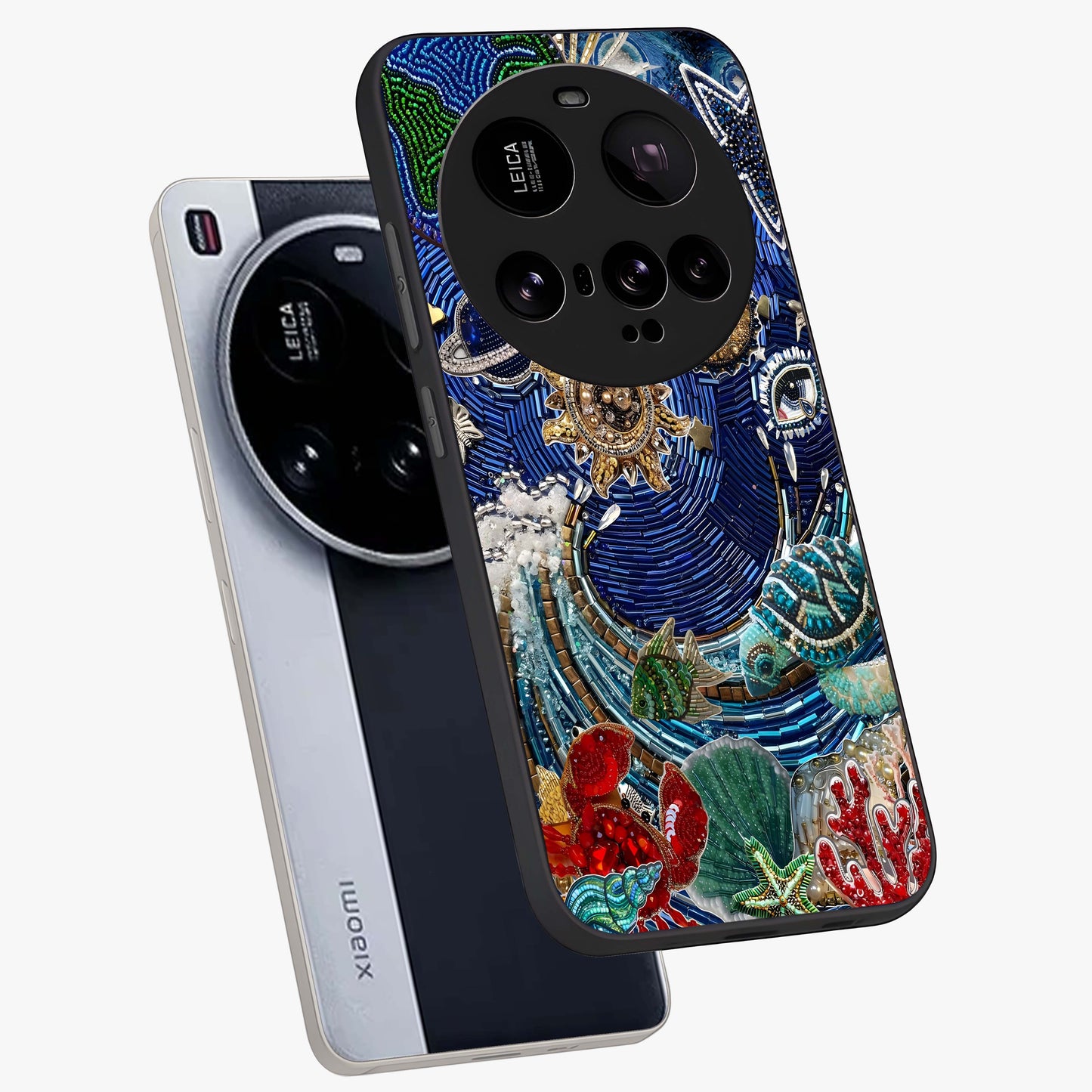 Universe Underwater Spark Glass Case displayed in angled mockup highlighting glowing aquatic design with celestial aesthetic.
