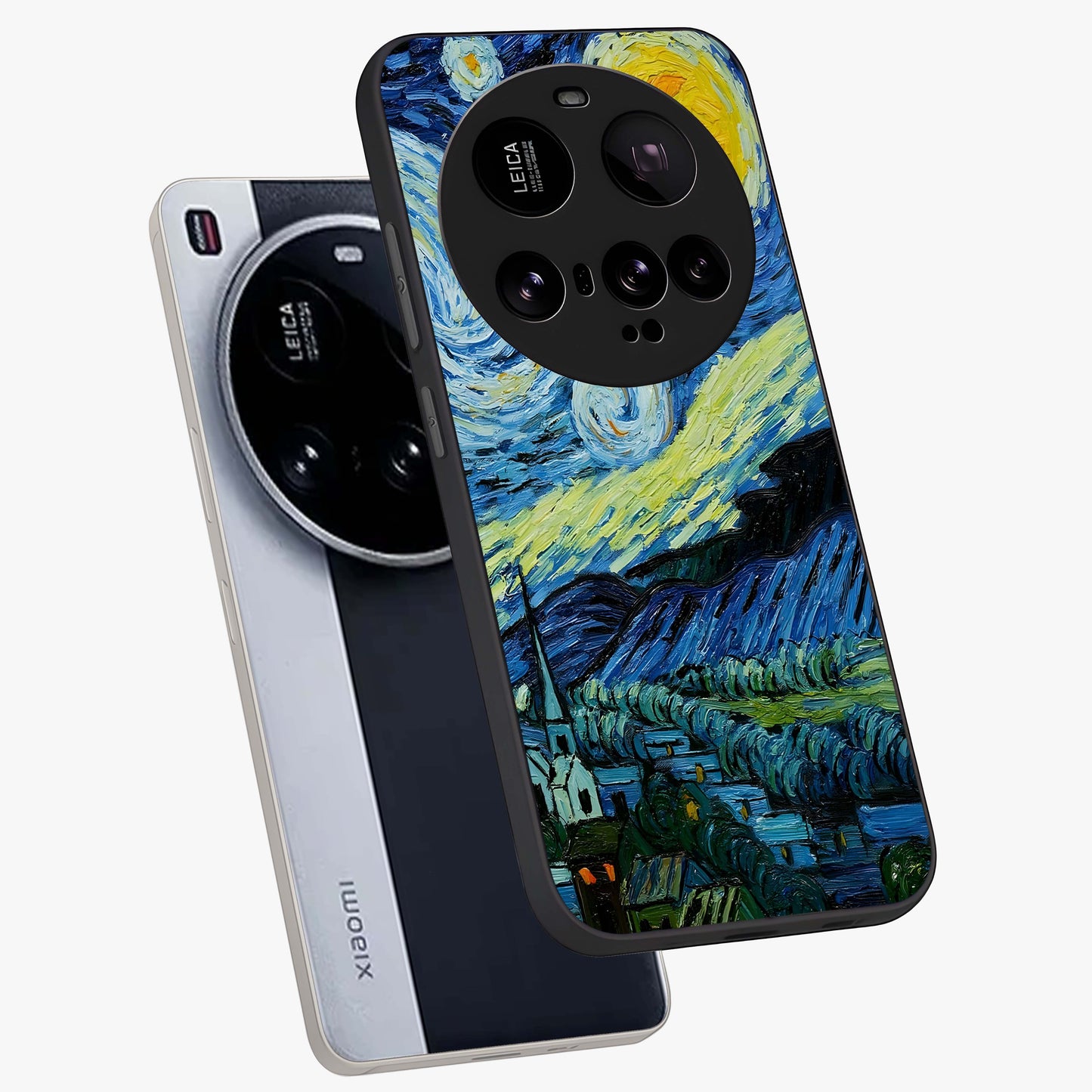 Van Gogh Art Glass Case displayed in angled mockup highlighting swirling brushstroke design with artistic aesthetic.