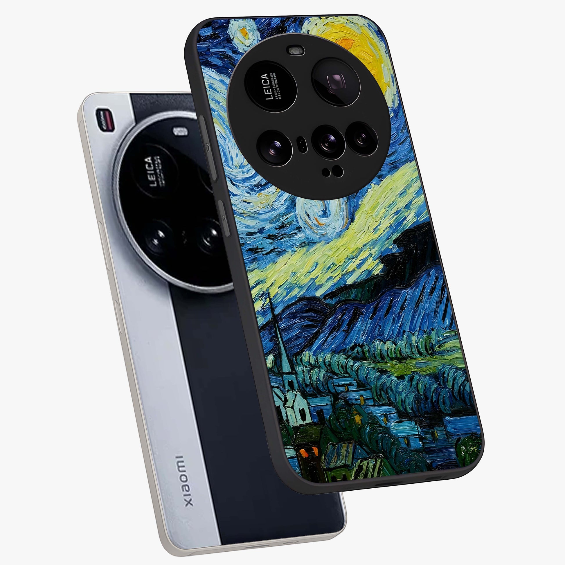 Van Gogh Art Glass Case displayed in angled mockup highlighting swirling brushstroke design with artistic aesthetic.