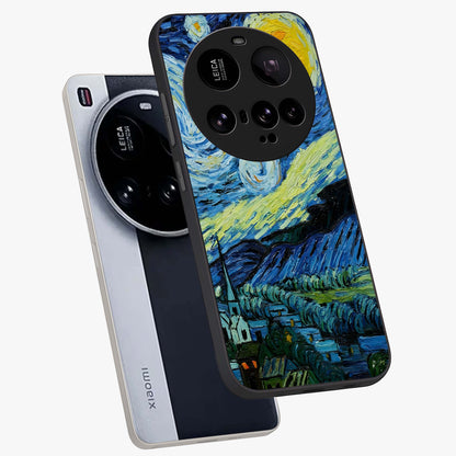 Van Gogh Art Glass Case displayed in angled mockup highlighting swirling brushstroke design with artistic aesthetic.
