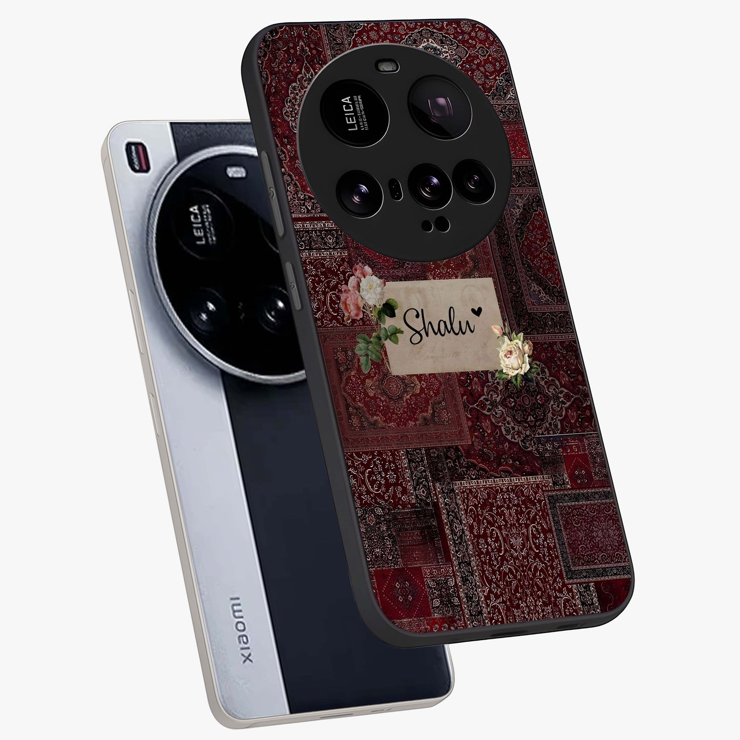 Velvet Wine Pattern Custom Name Glass Case displayed in angled mockup highlighting decorative velvet inspired design with custom name feature.