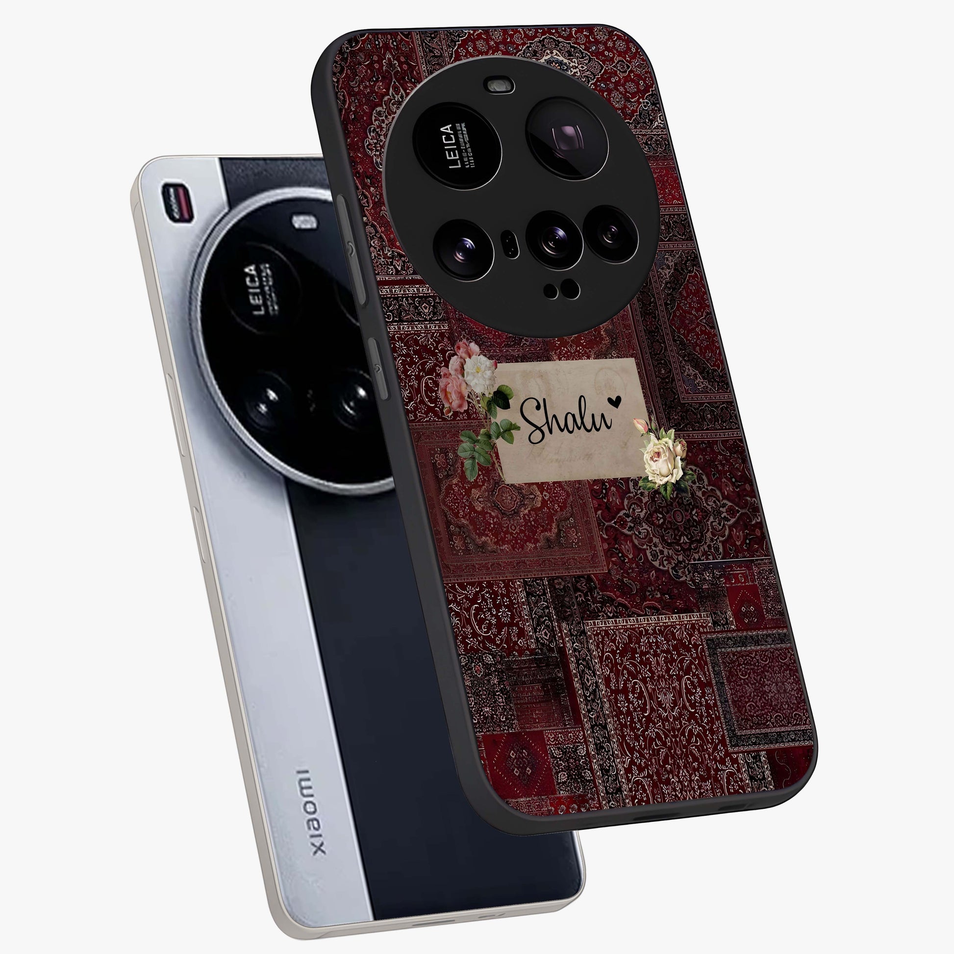 Velvet Wine Pattern Custom Name Glass Case displayed in angled mockup highlighting decorative velvet inspired design with custom name feature.