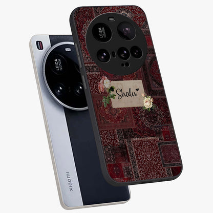 Velvet Wine Pattern Custom Name Glass Case displayed in angled mockup highlighting decorative velvet inspired design with custom name feature.