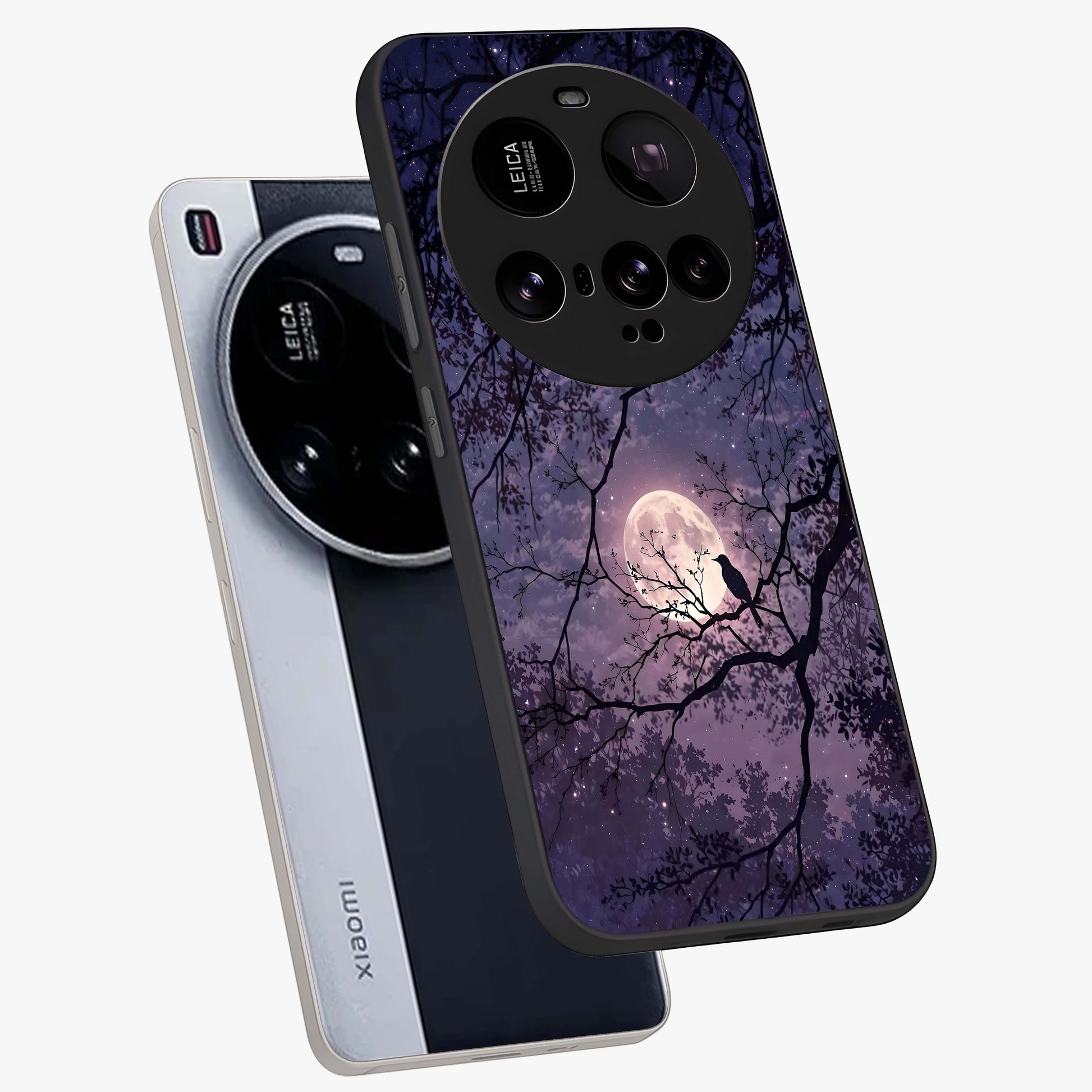 Whispering Moon Silence Glass Case displayed in angled mockup highlighting calm lunar design with dreamy night aesthetic.