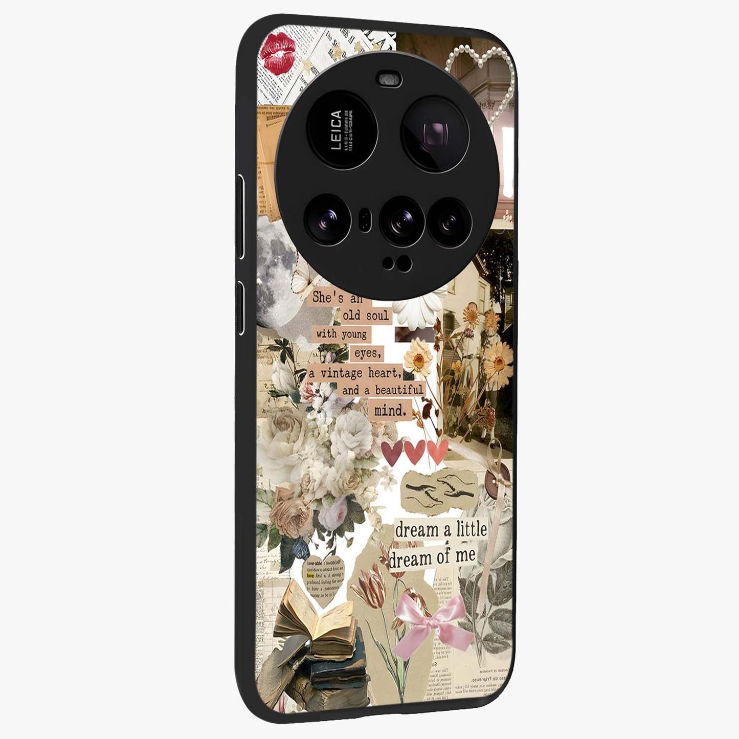 Aesthetic Brown Vintage Collage Glass Case upright view showcasing nostalgic retro artwork with stylish vintage theme.