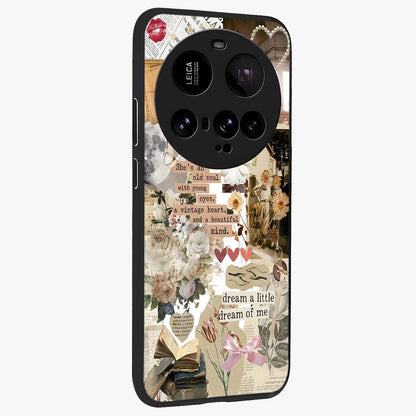 Aesthetic Brown Vintage Collage Glass Case upright view showcasing nostalgic retro artwork with stylish vintage theme.