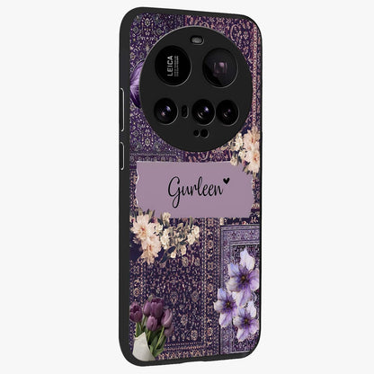 Antique Floral Whisper Custom Name Glass Case upright view showcasing delicate floral artwork with custom name feature.