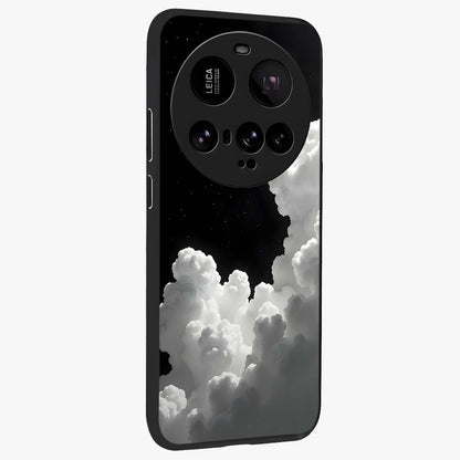 Black Background With White Cloud Glass Case upright view showcasing calm cloud aesthetic with modern minimal style.