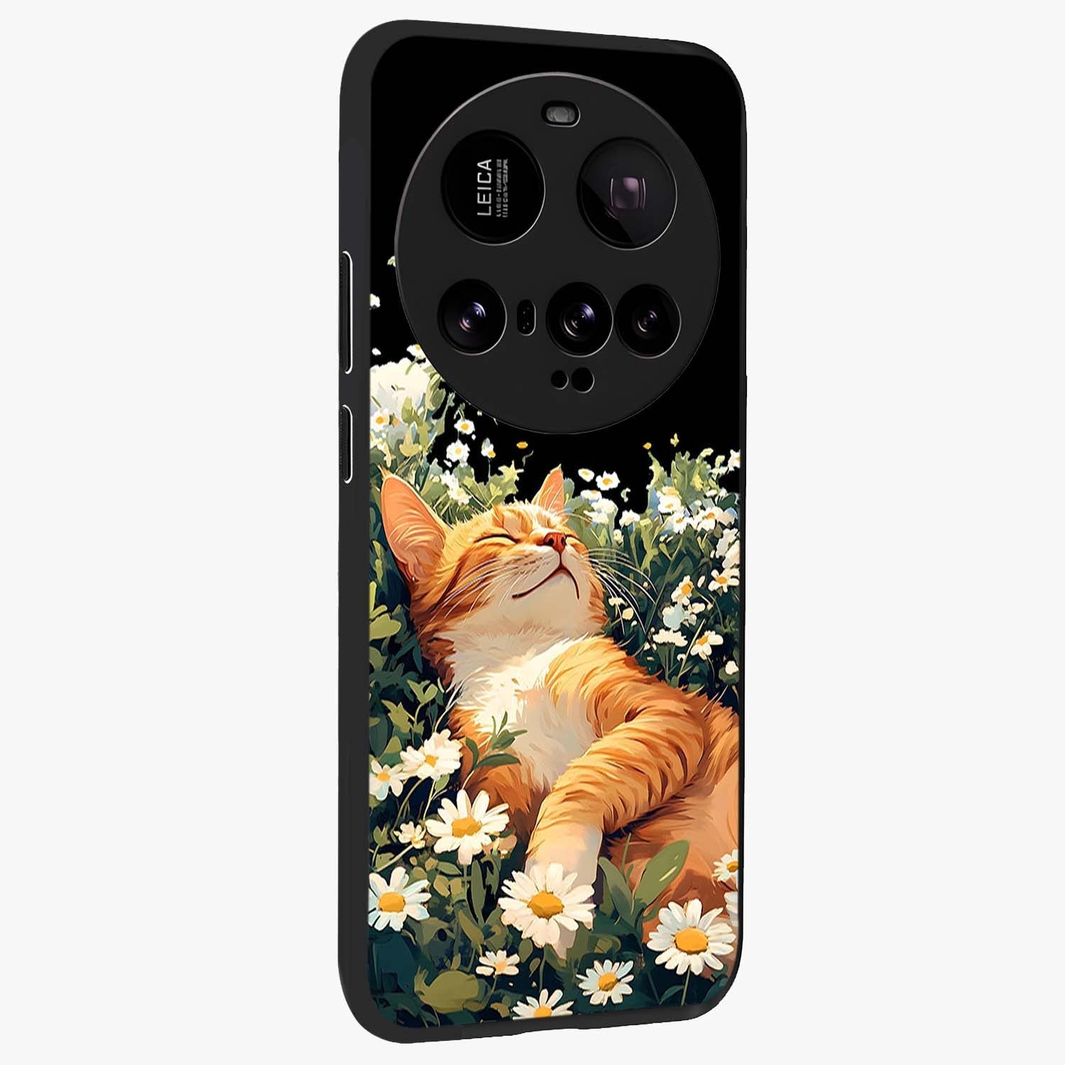 Blissful Bloom Cat Glass Case upright view showcasing charming cat design surrounded by blooming floral elements.