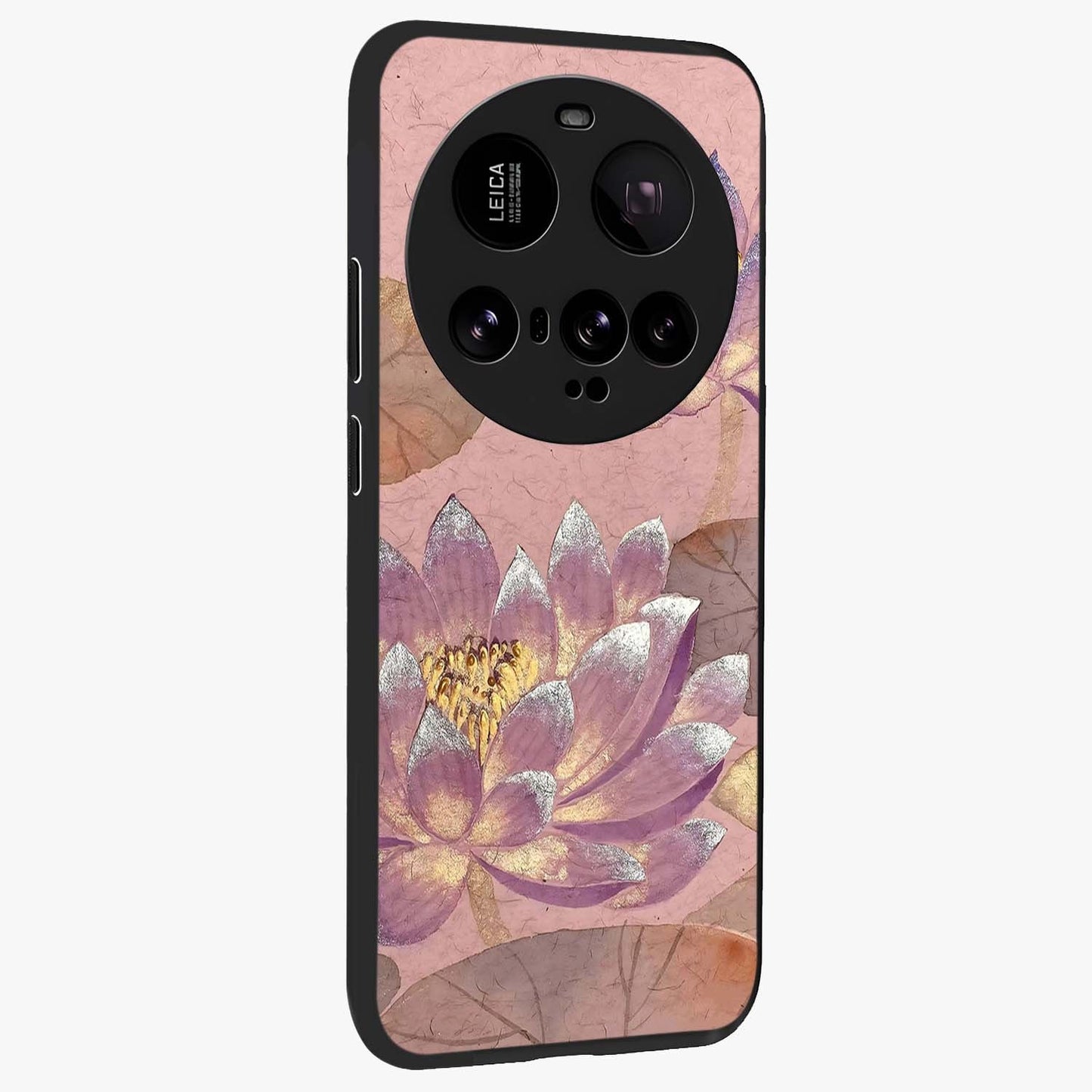 Blossom Mist Lotus Glass Case upright view showcasing graceful lotus flower design with peaceful botanical style.