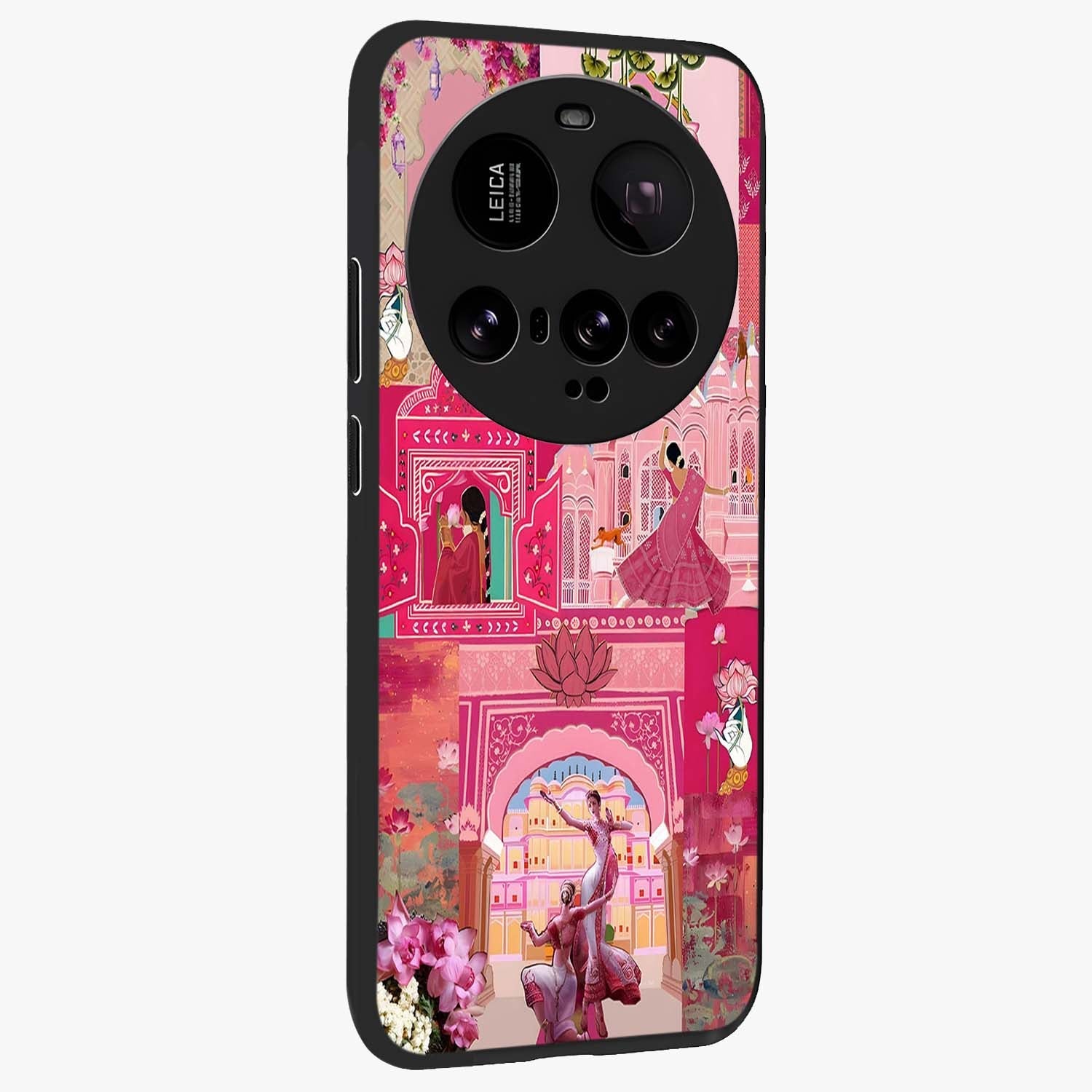 Blossoms of Rajasthan Glass Case upright view showcasing colorful floral design inspired by traditional Indian art.