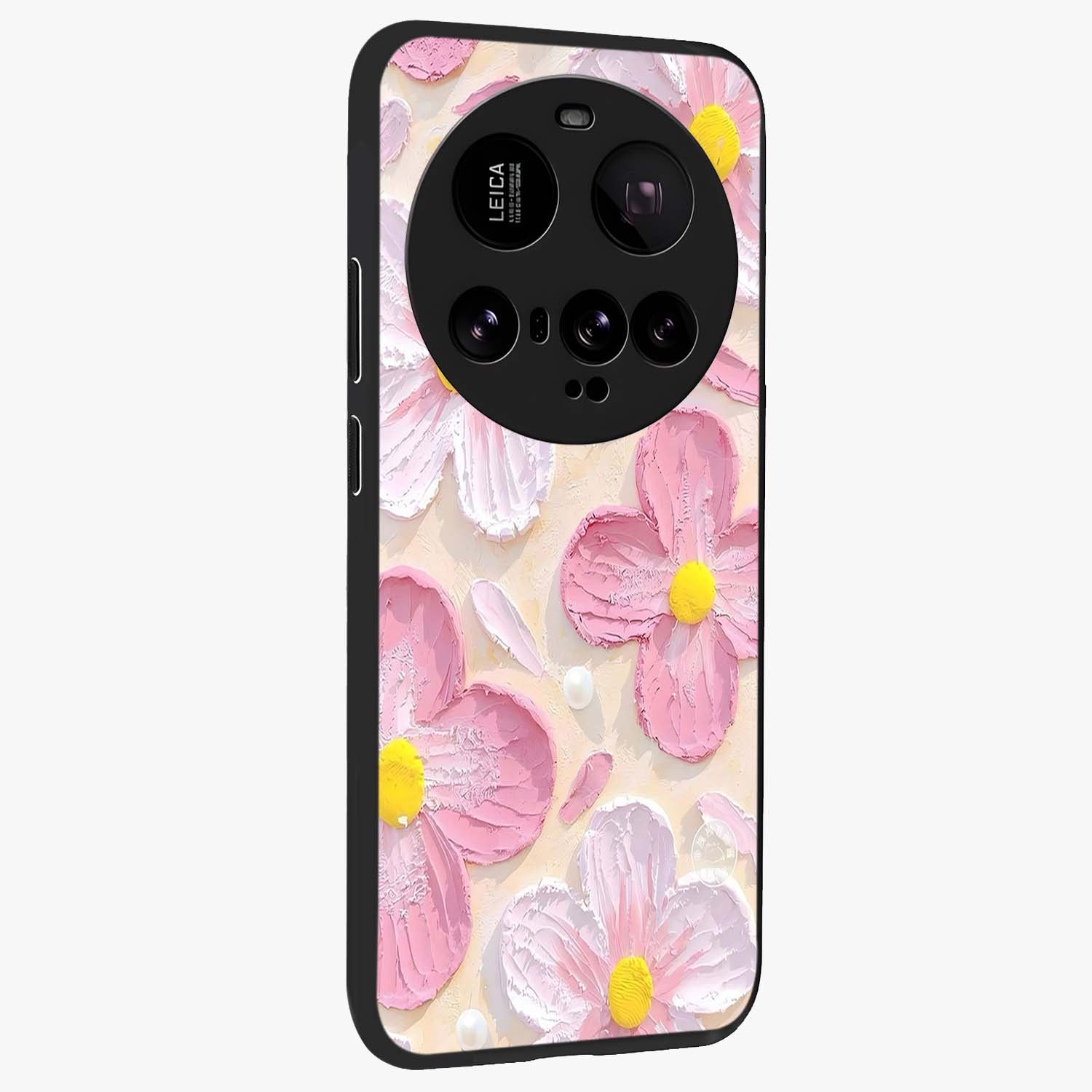Blush Bloom Texture Glass Case upright view showcasing delicate blush floral texture with modern minimal style.
