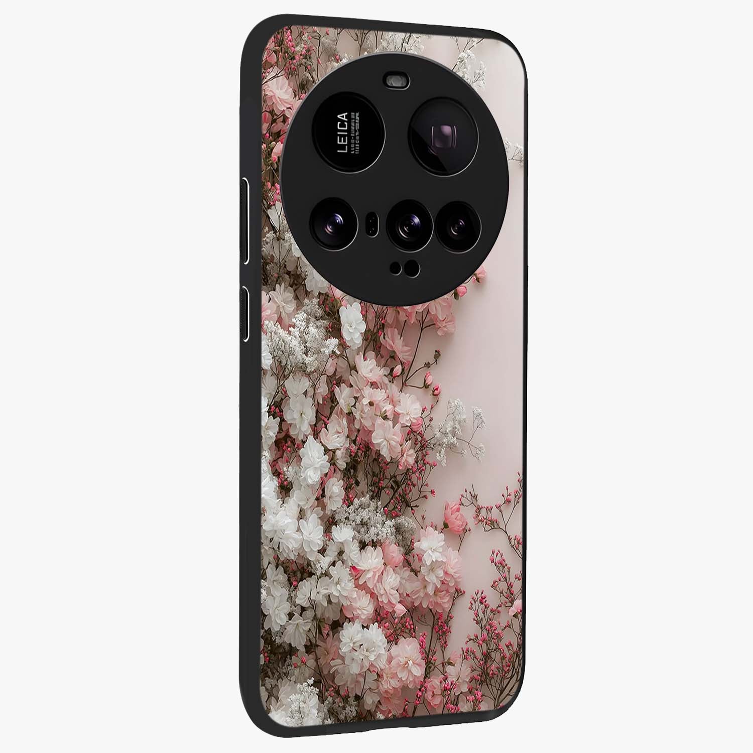 Blush Blossom Cloud Glass Case upright view showcasing calm floral cloud artwork with gentle dreamy theme.