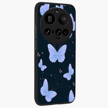 Butterfly With Stars Pattern Glass Case upright view showcasing celestial butterfly artwork with sparkling star elements.