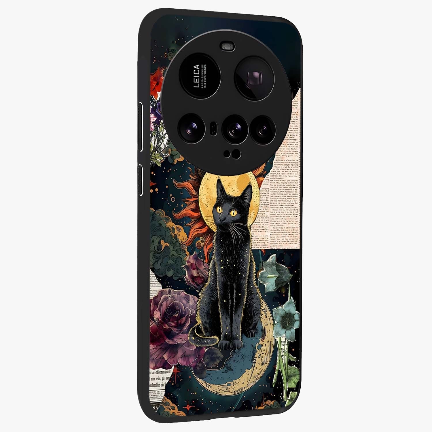 Celestial Black Cat Glass Case upright view showcasing magical black cat illustration with starry cosmic theme.