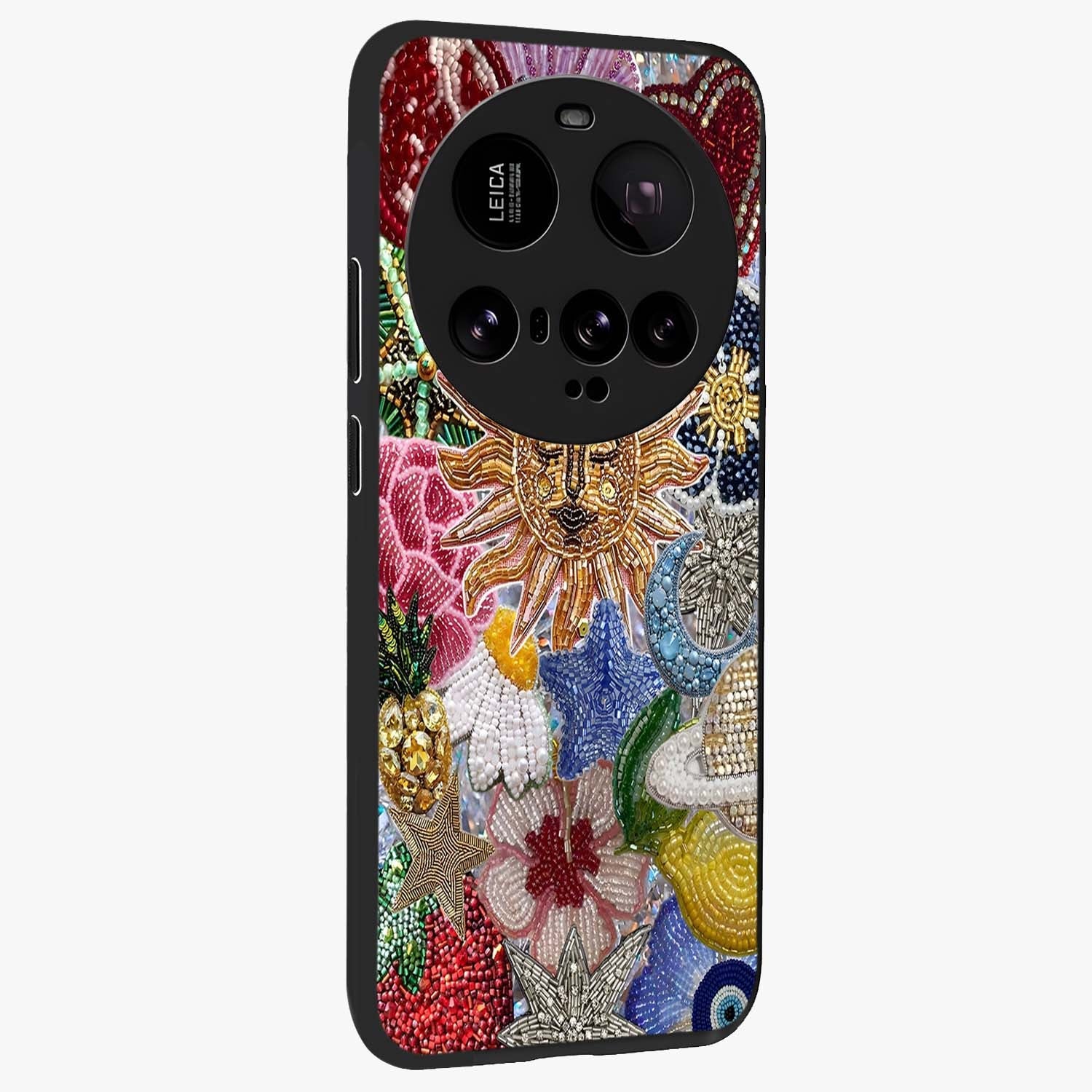 Celestial Floral and Playful Glass Case upright view showcasing whimsical floral artwork with cosmic aesthetic theme.