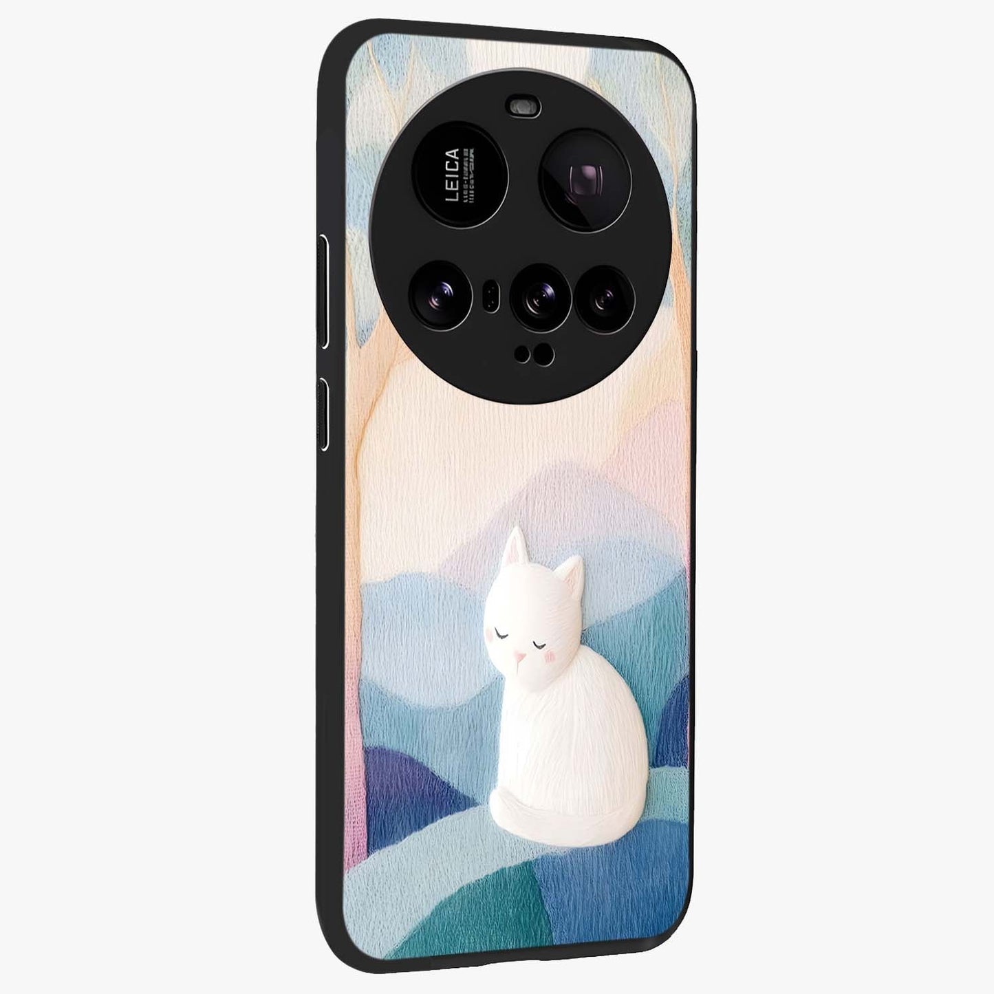 Cotton Dream Cat Glass Case upright view showcasing charming cat artwork with cozy dreamy theme.