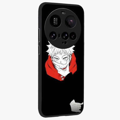 Crimson Chaos Smile Glass Case upright view showcasing expressive chaotic artwork with striking visual theme.