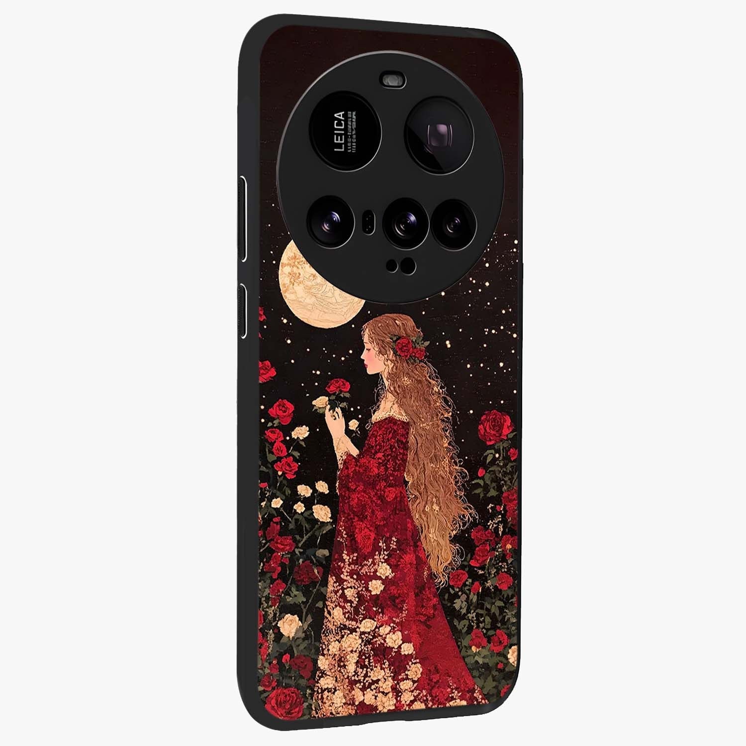 Crimson Dreams Glass Case upright view showcasing dreamy red toned artwork with modern aesthetic style.