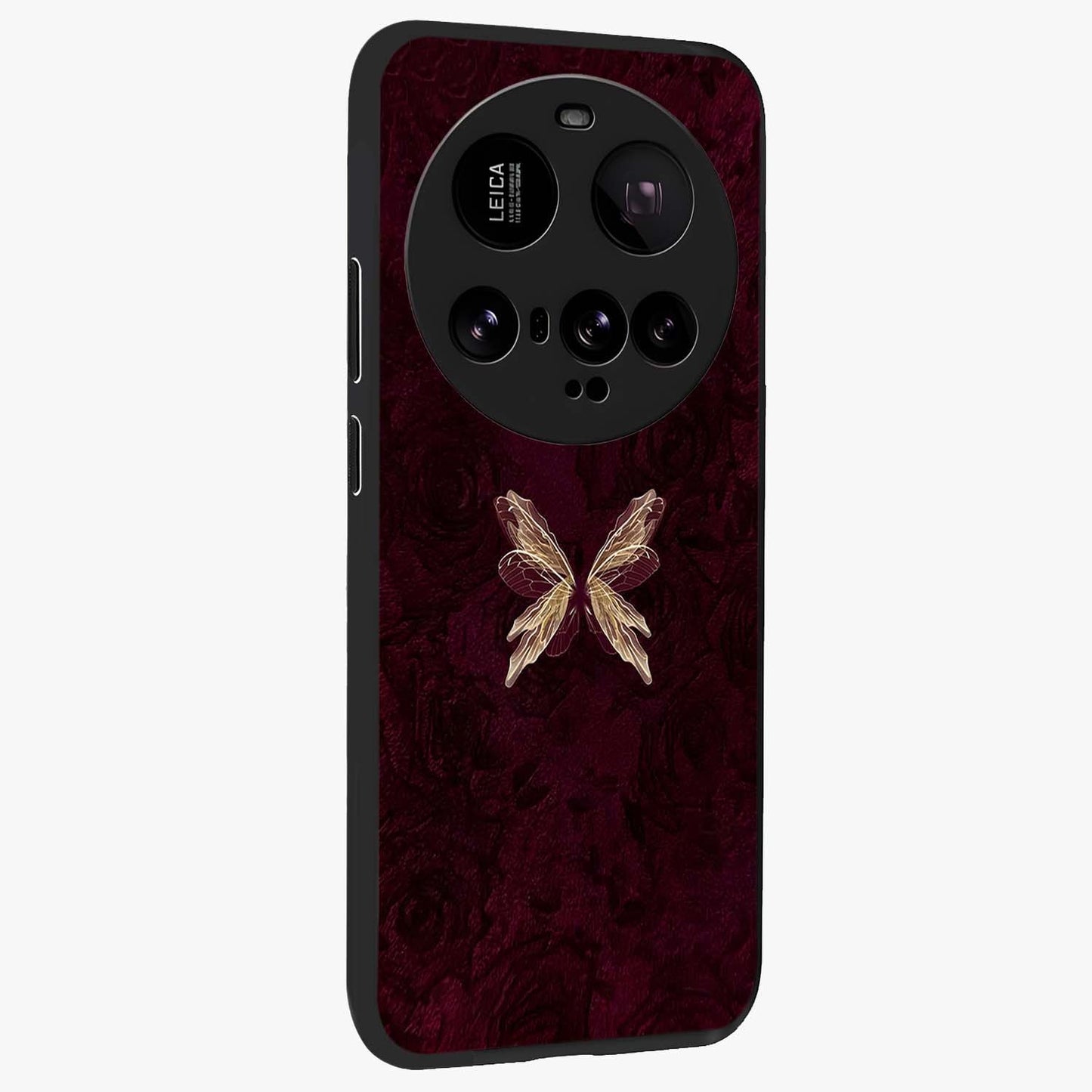Crimson Fade Butterfly Glass Case upright view showcasing graceful butterfly artwork with soft crimson fade effect.