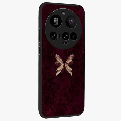 Crimson Fade Butterfly Glass Case upright view showcasing graceful butterfly artwork with soft crimson fade effect.