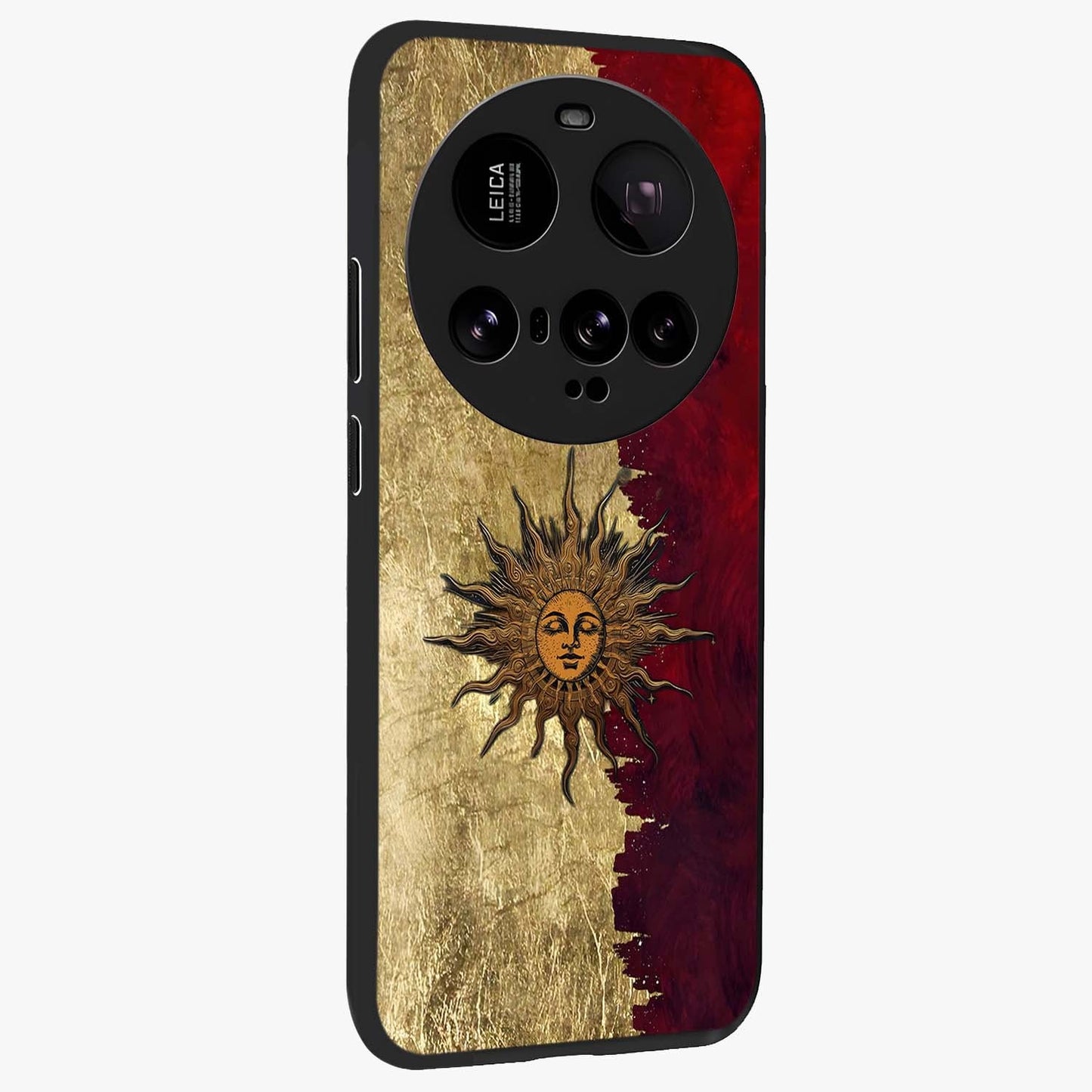 Crimson Sun Majesty Glass Case upright view showcasing vibrant sun artwork with powerful celestial theme.