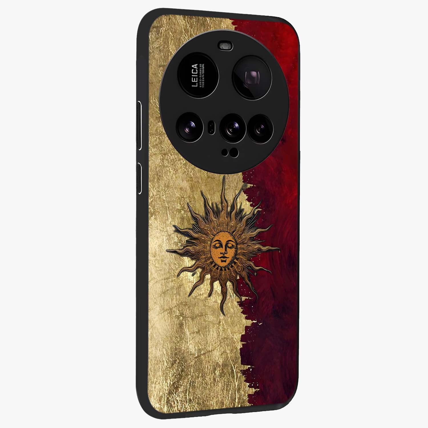 Crimson Sun Majesty Glass Case upright view showcasing vibrant sun artwork with powerful celestial theme.