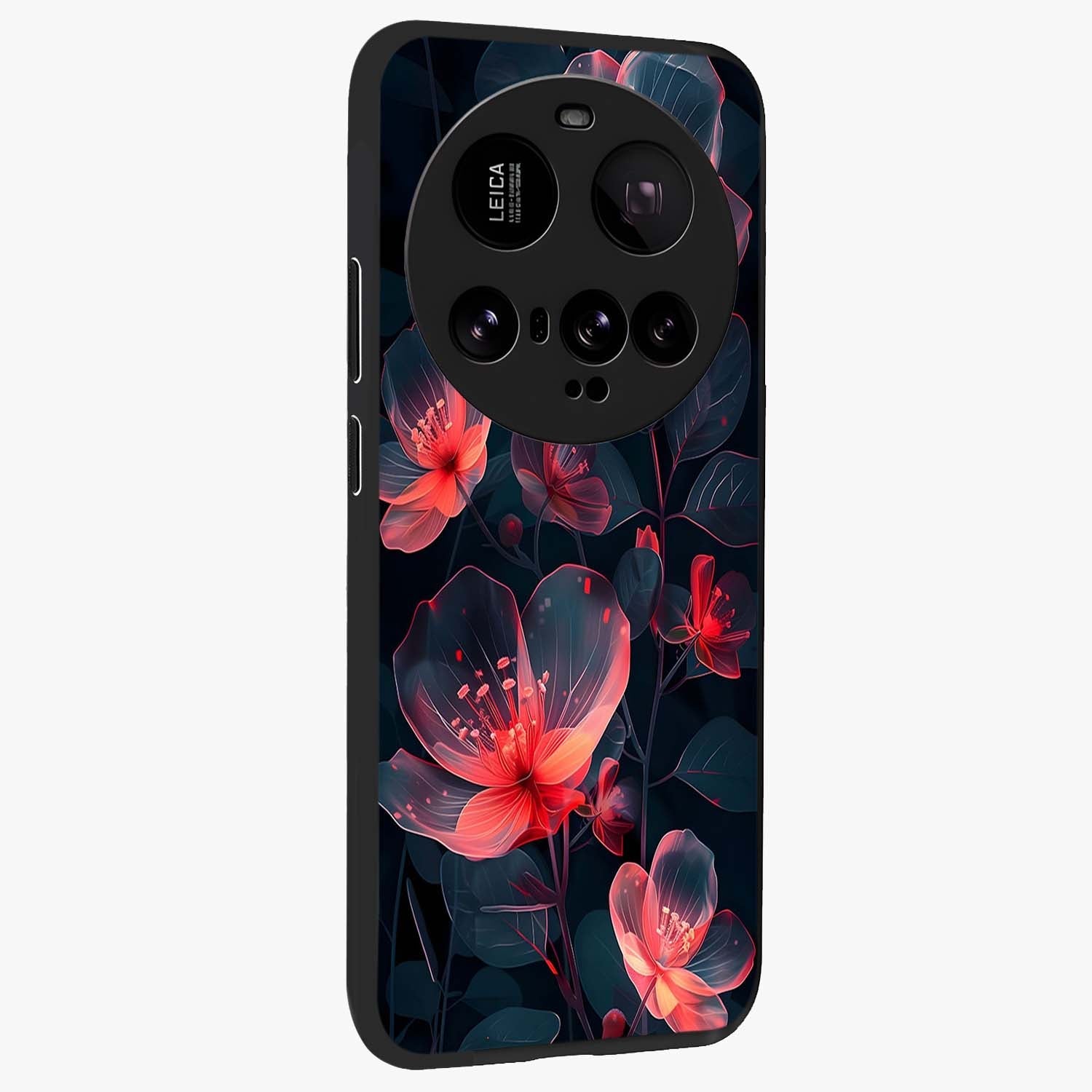 Dark Shade of Flower Glass Case upright view showcasing delicate flower artwork with rich dark floral theme.
