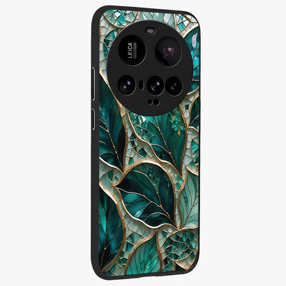 Emerald Leaf Glass Glass Case upright view showcasing fresh green leaf artwork with calming nature inspired style.