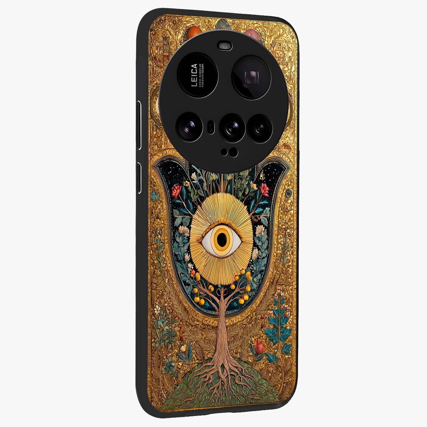 Ethereal Evil Eye Glass Case upright view showcasing celestial evil eye artwork with mystical theme.