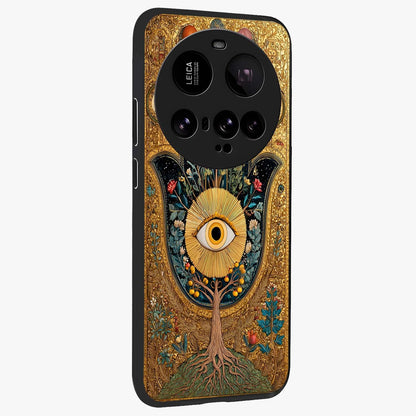 Ethereal Evil Eye Glass Case upright view showcasing celestial evil eye artwork with mystical theme.