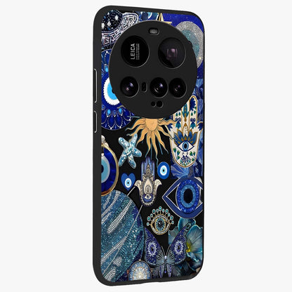 Evil Eye Charm Mix Glass Case upright view showcasing mystical evil eye pattern with vibrant decorative style.