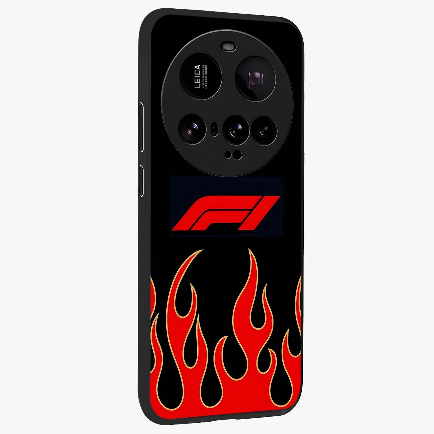 Fire F11 Glass Case upright view showcasing dynamic flame artwork with intense visual theme.