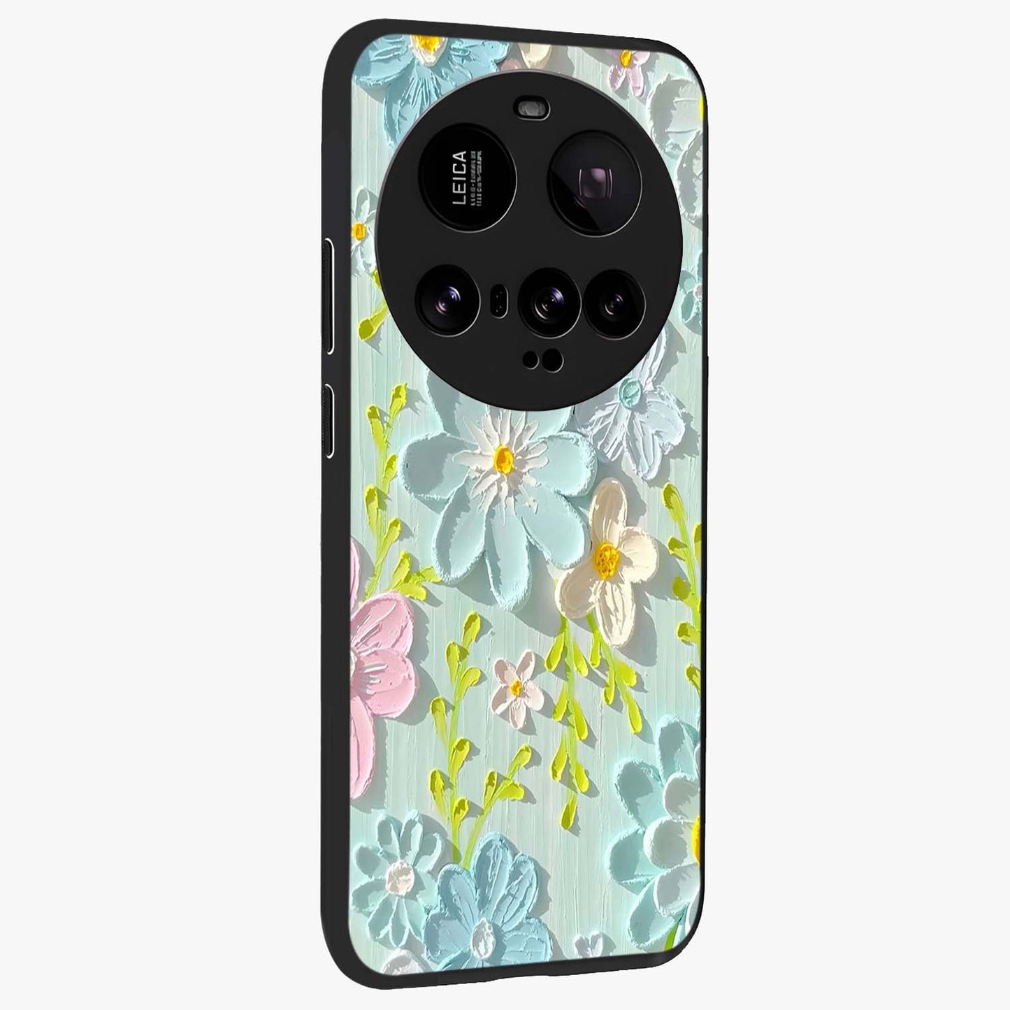 Frosted Petal Garden Glass Case upright view showcasing elegant floral garden artwork with soothing pastel theme.