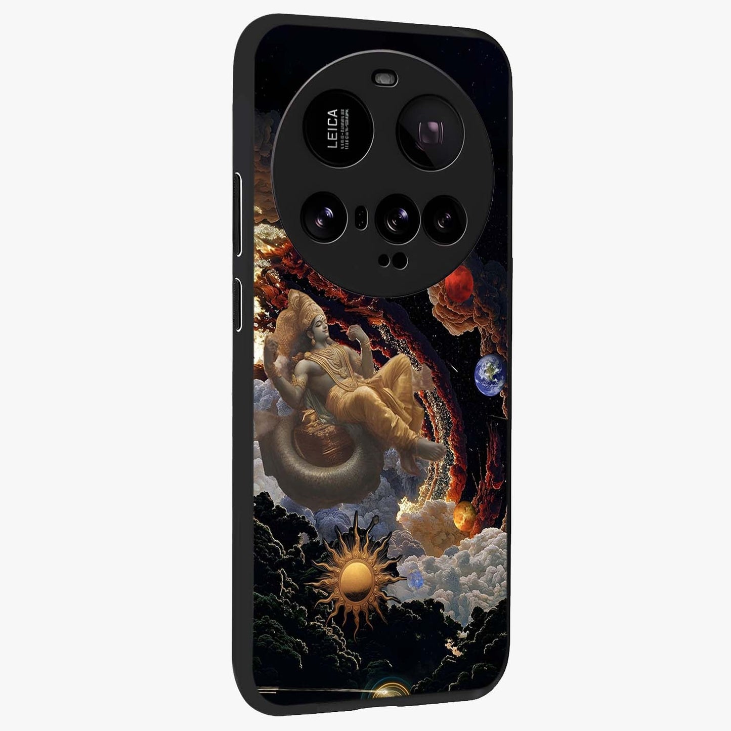 Galactic Divine God Glass Case upright view showcasing mystical divine artwork with dramatic cosmic theme.