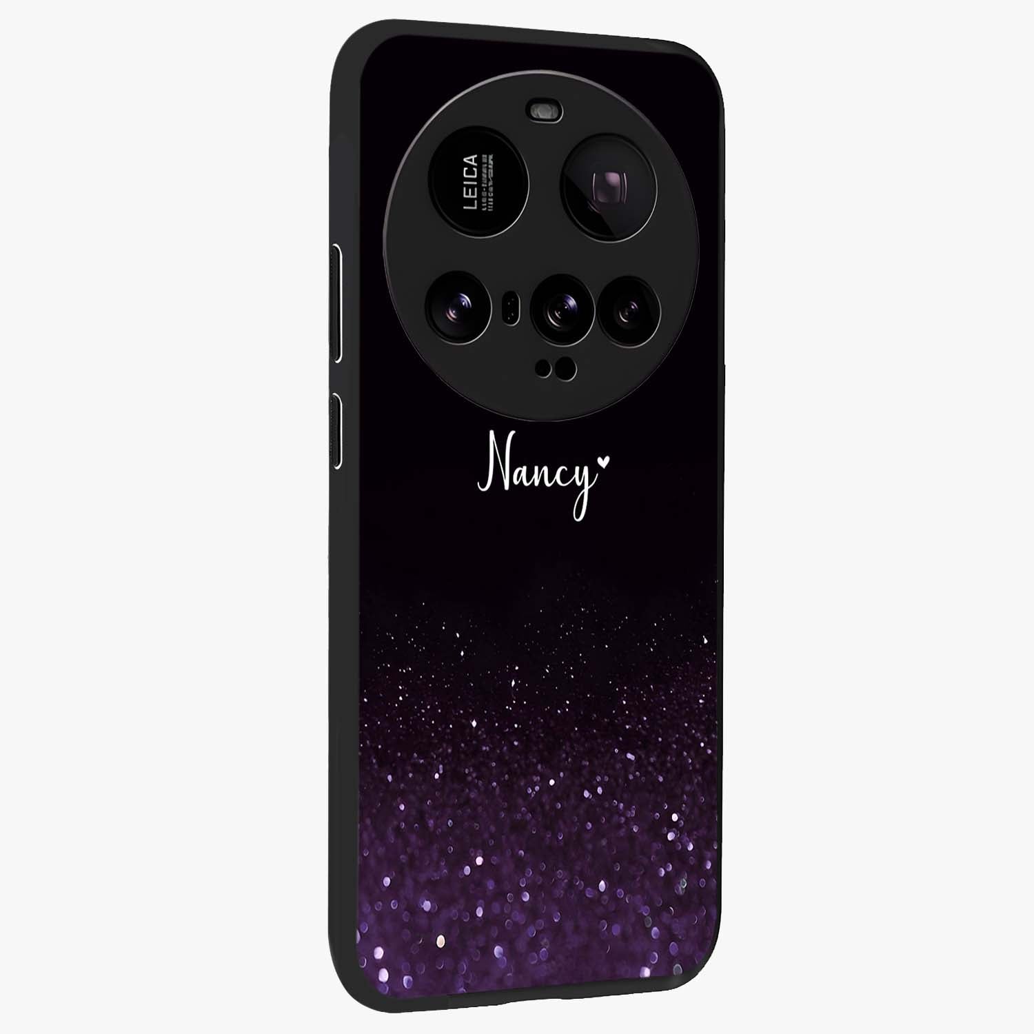 Glittery Purple Bokeh Custom Name Glass Case upright view showcasing vibrant purple sparkle artwork with personalized aesthetic style.