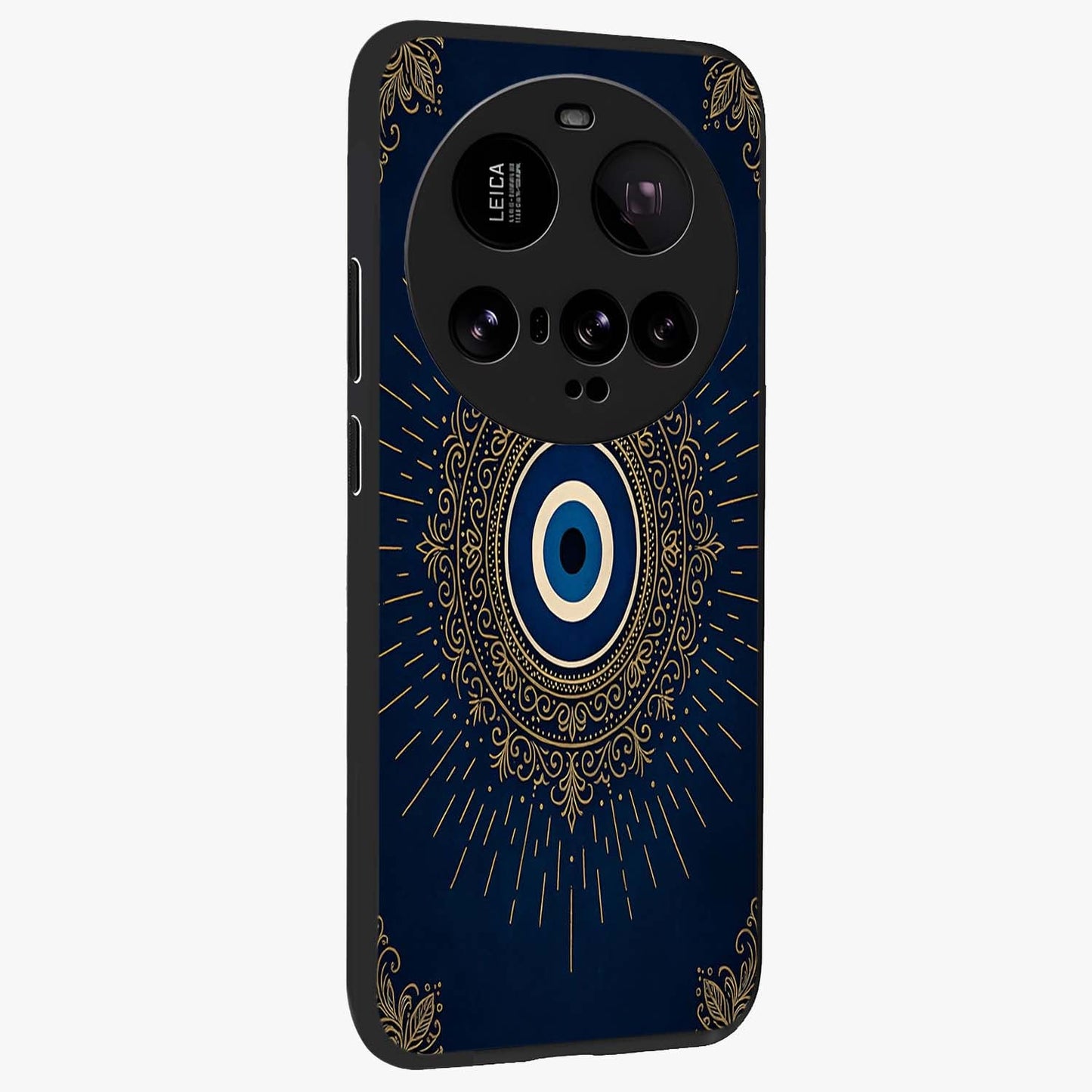 Golden Celestial Charm Glass Case upright view showcasing radiant celestial artwork with elegant golden theme.