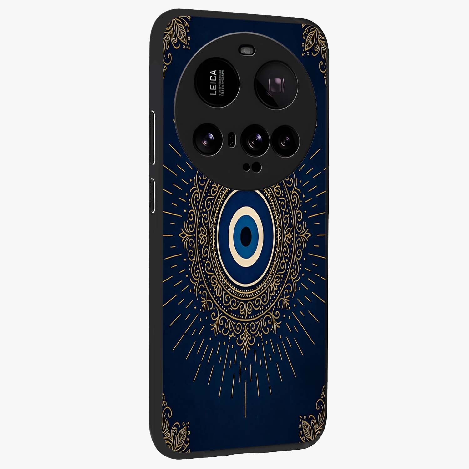 Golden Celestial Charm Glass Case upright view showcasing radiant celestial artwork with elegant golden theme.