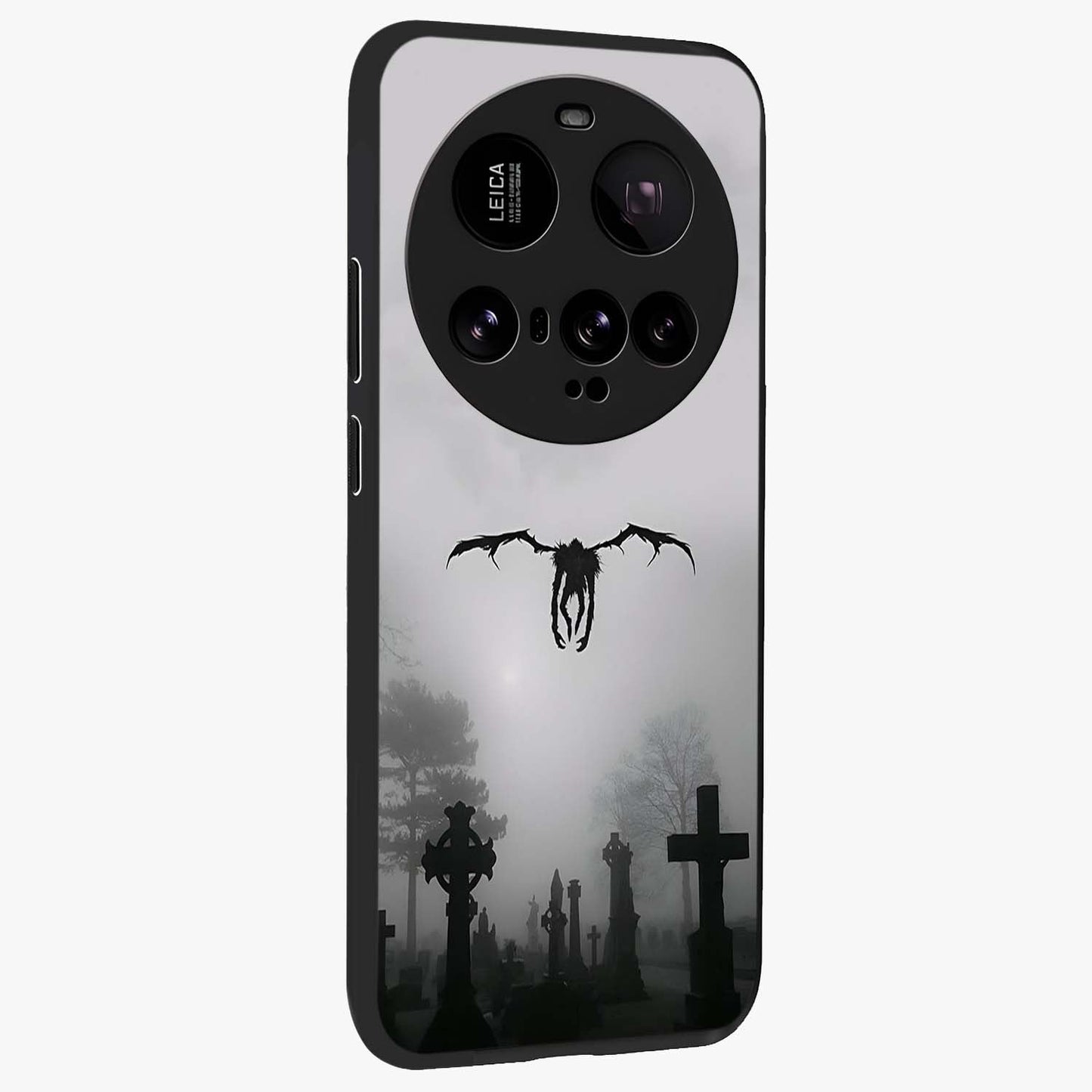 Graveyard Shadow Descent Glass Case upright view showcasing haunting graveyard artwork with dramatic dark theme.
