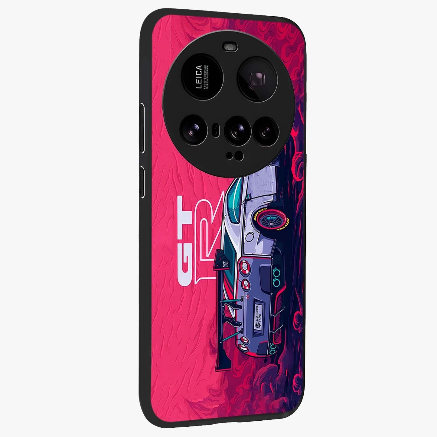 GT-R Car Pattern Glass Case upright view showcasing dynamic car pattern artwork with modern sports theme.