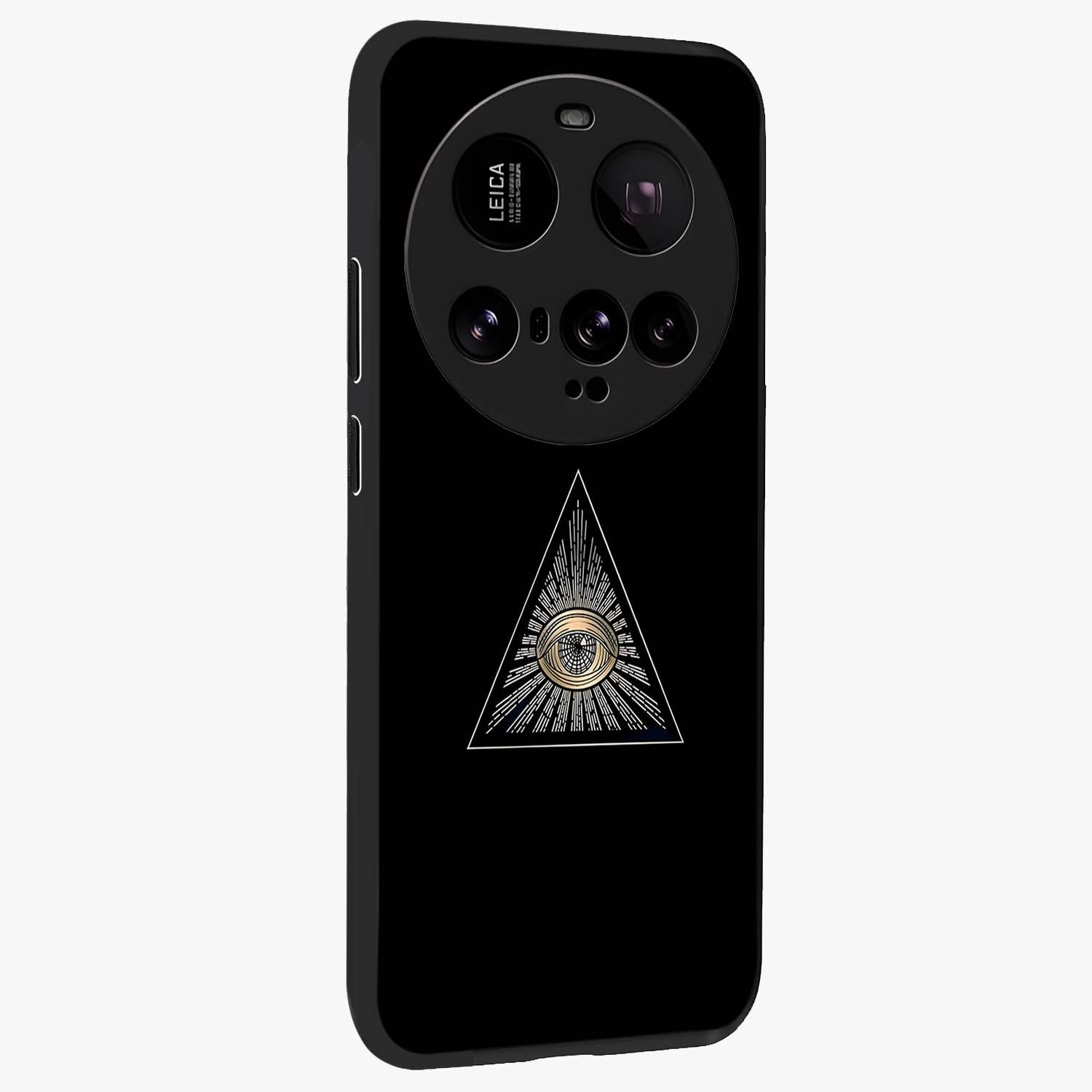 Illuminati Evil Glass Case upright view showcasing striking illuminati artwork with mysterious symbolic theme.