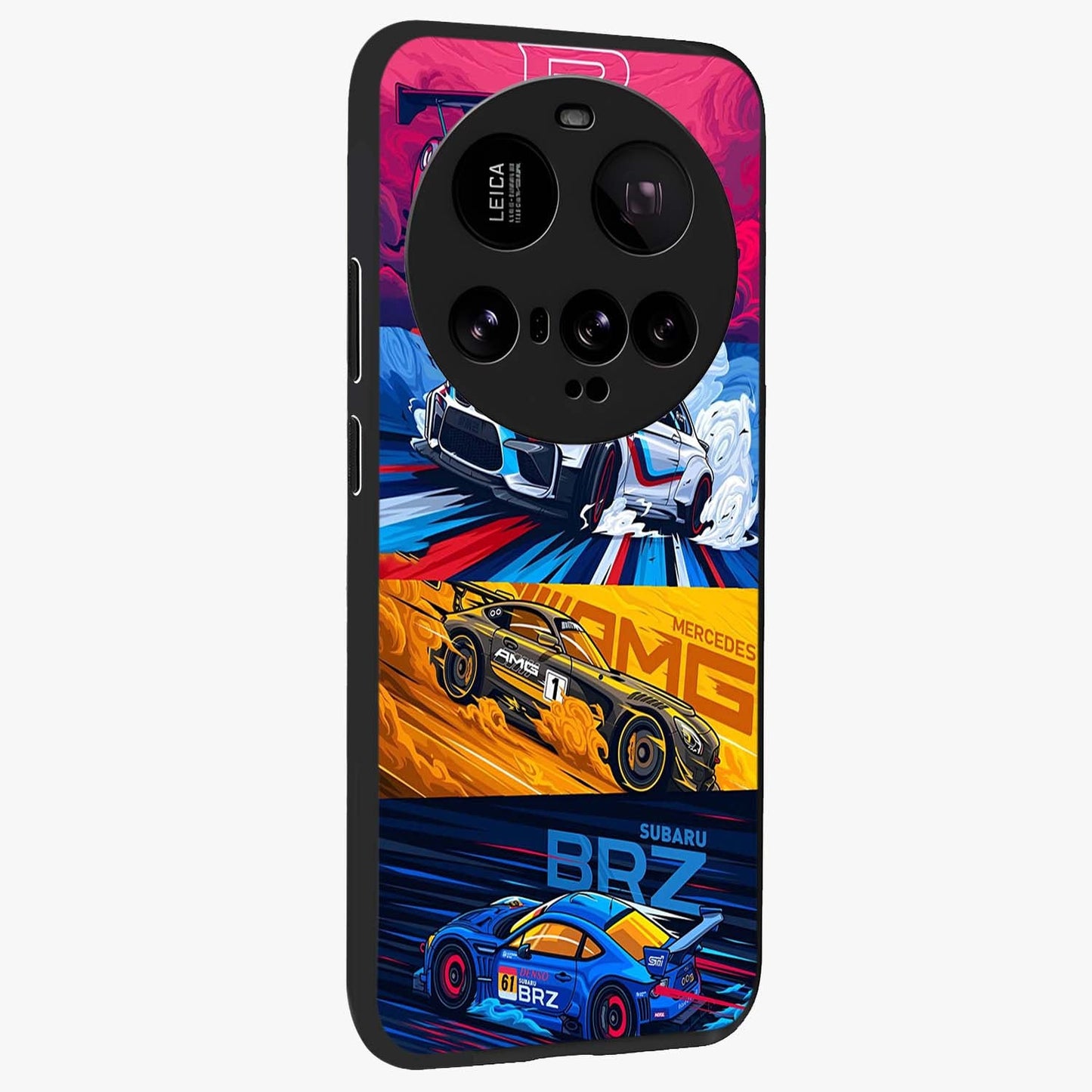JDM Sports Car Glass Case upright view showcasing dynamic sports car artwork with bold racing theme.