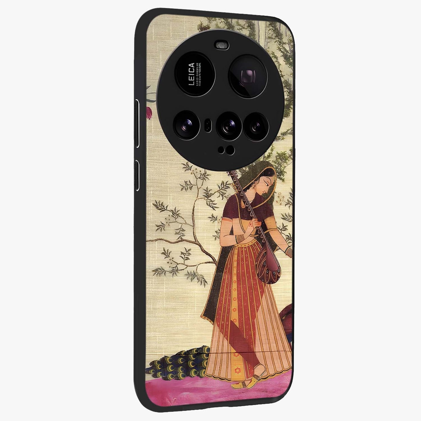 Lady With Veena Art Glass Case upright view showcasing classical veena artwork with traditional artistic theme.