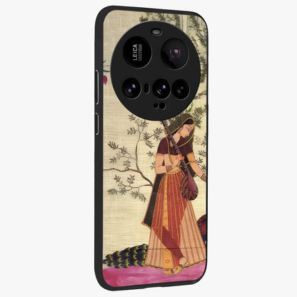 Lady With Veena Art Glass Case upright view showcasing classical veena artwork with traditional artistic theme.