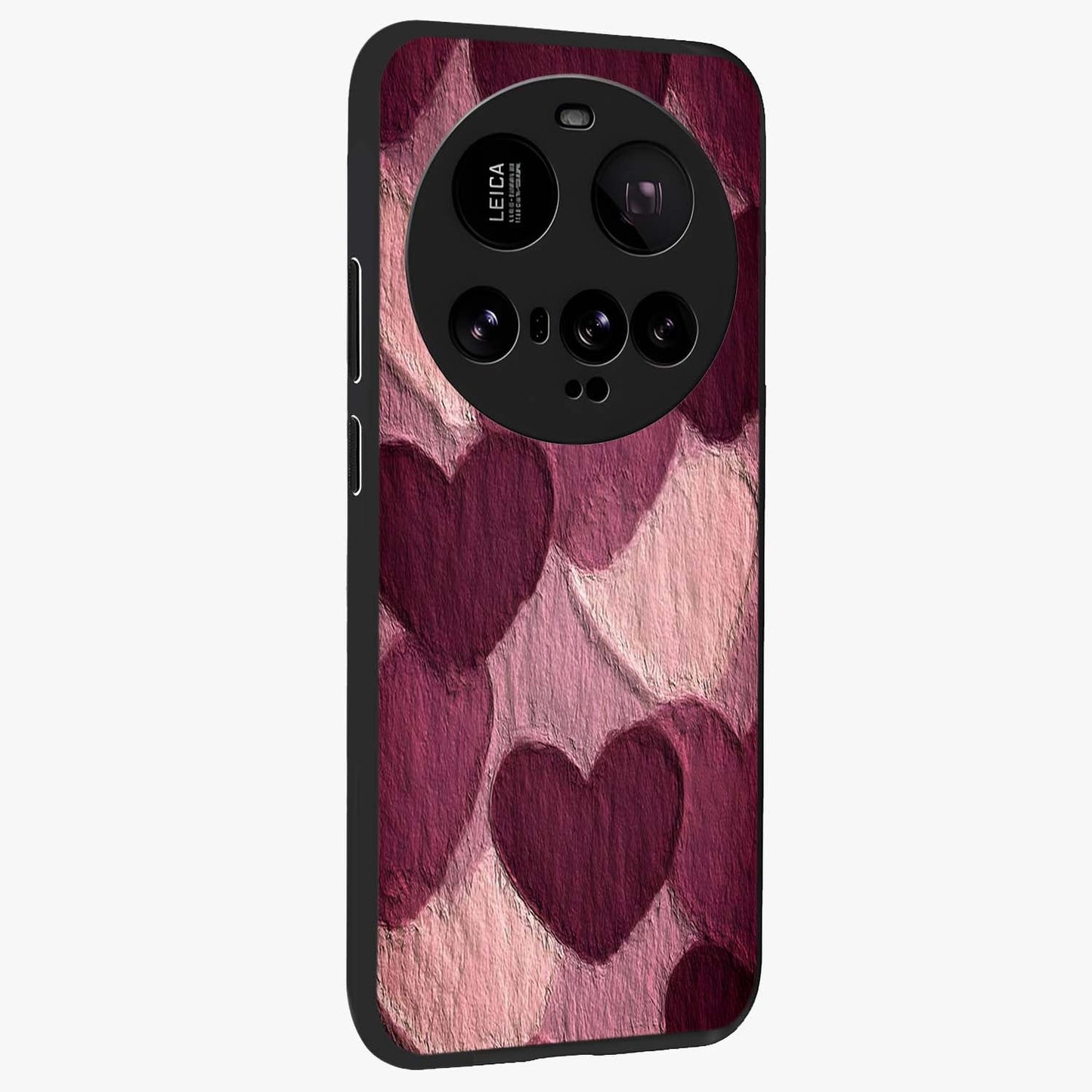 Layered Paper Hearts Glass Case upright view showcasing decorative layered heart artwork with sweet love theme.