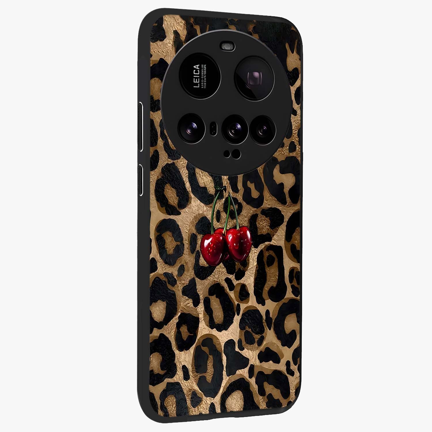 Leopard Wild Cherry Glass Case upright view showcasing stylish leopard pattern artwork with trendy fashion theme.