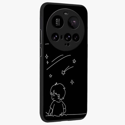Line Art Boy With Shooting Stars Glass Case upright view showcasing artistic shooting star illustration with minimal style.
