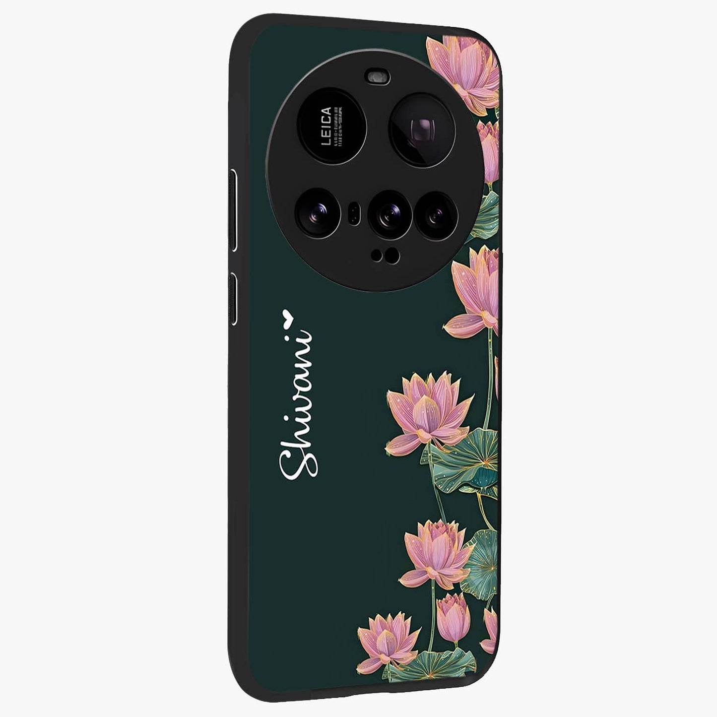 Lotus Bloom Serenity Custom Name Glass Case upright view showcasing serene lotus bloom artwork with personalized floral aesthetic.