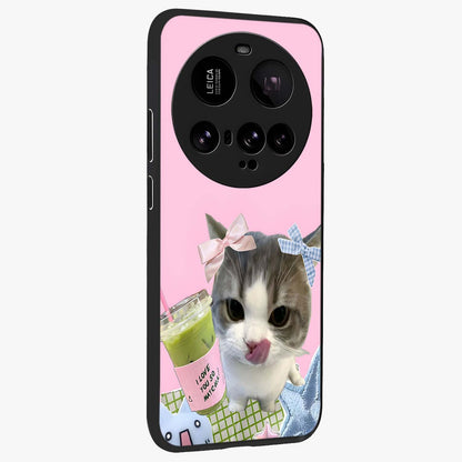 Love Matcha Cat Glass Case upright view showcasing adorable cat artwork with charming matcha themed design.